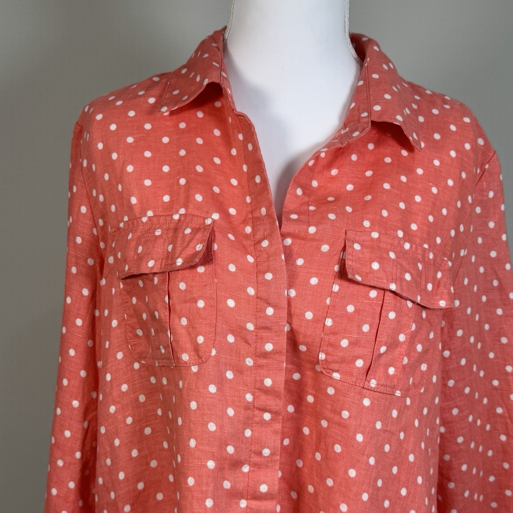 Charter Club Luxury Linen Shirt Womens M Coral Polka Dot Tab Sleeve Button Up - Picture 4 of 10